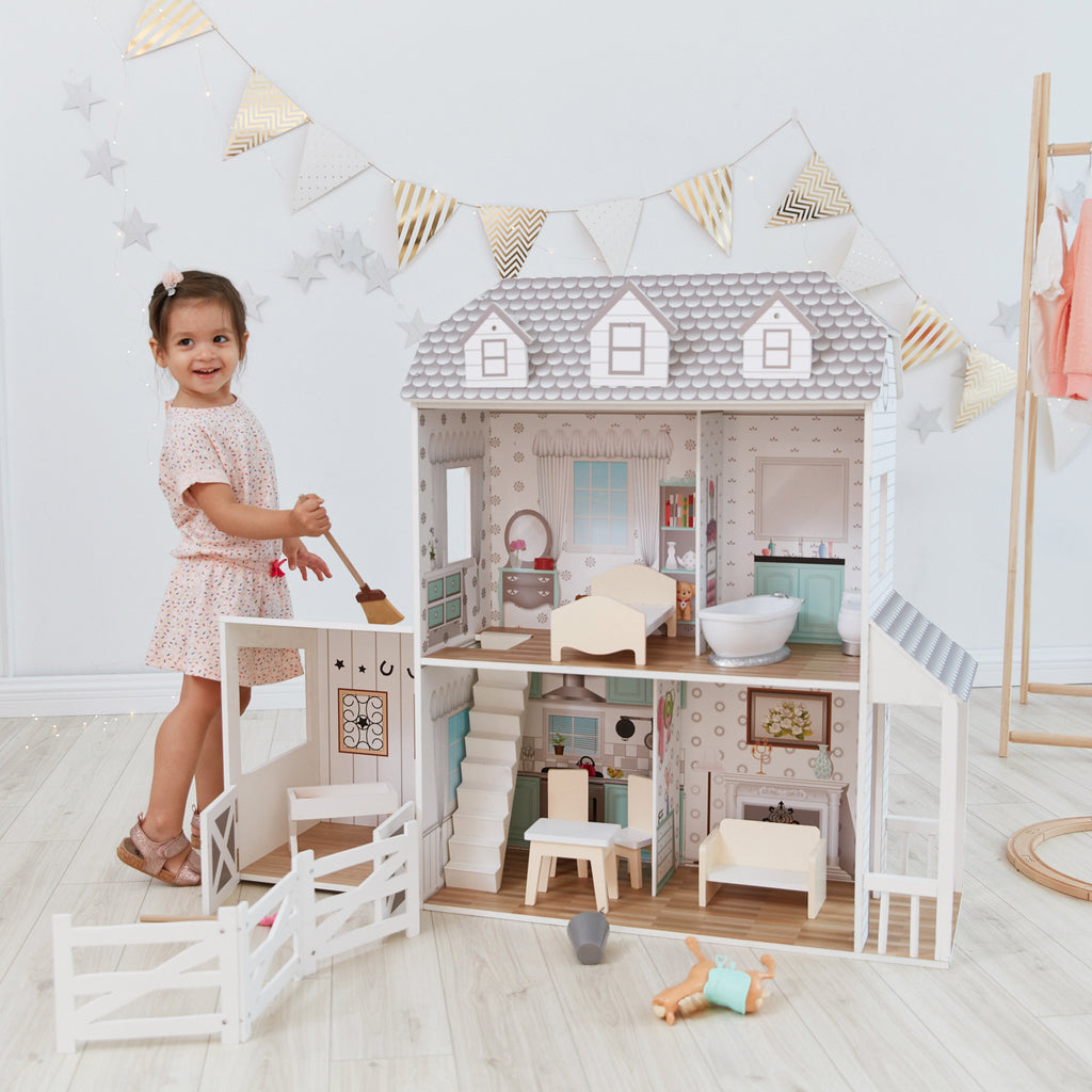  Olivia's Little World Cuna de madera para muñeca con un  gabinete y dos cubículos para almacenamiento de accesorios de muñeca  debajo, lunares rosados y grises y blancos : Todo lo demás